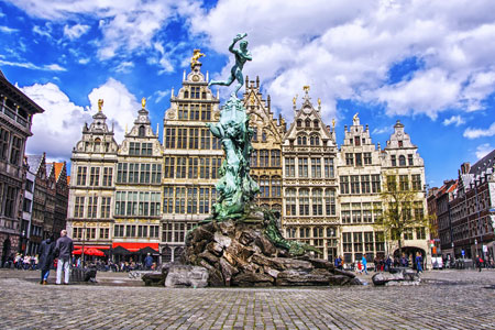 Statue of Silvius Brabo throwing the giants hand in front of the Stadhuis (City Hall) of Antwerp